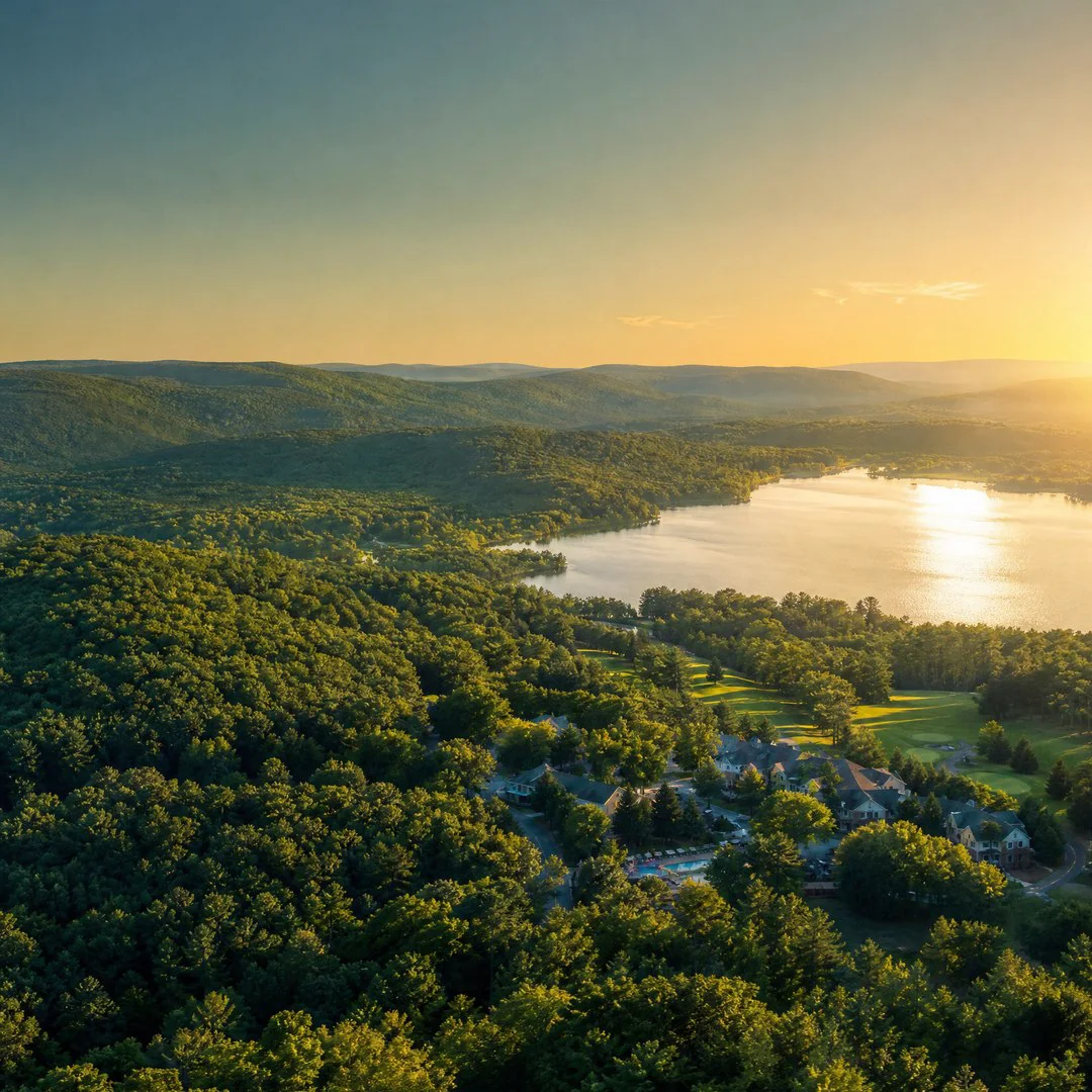 Wooded hills beside a calm lake